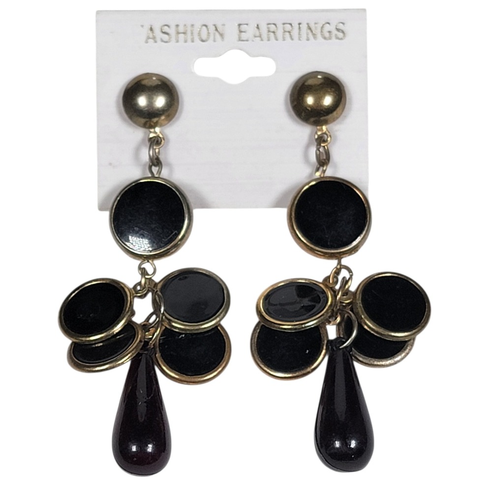 VTG 80s 90s Black Gold Tone Chandelier Disc Earrings Dangle Mob‎ Wife Art Deco